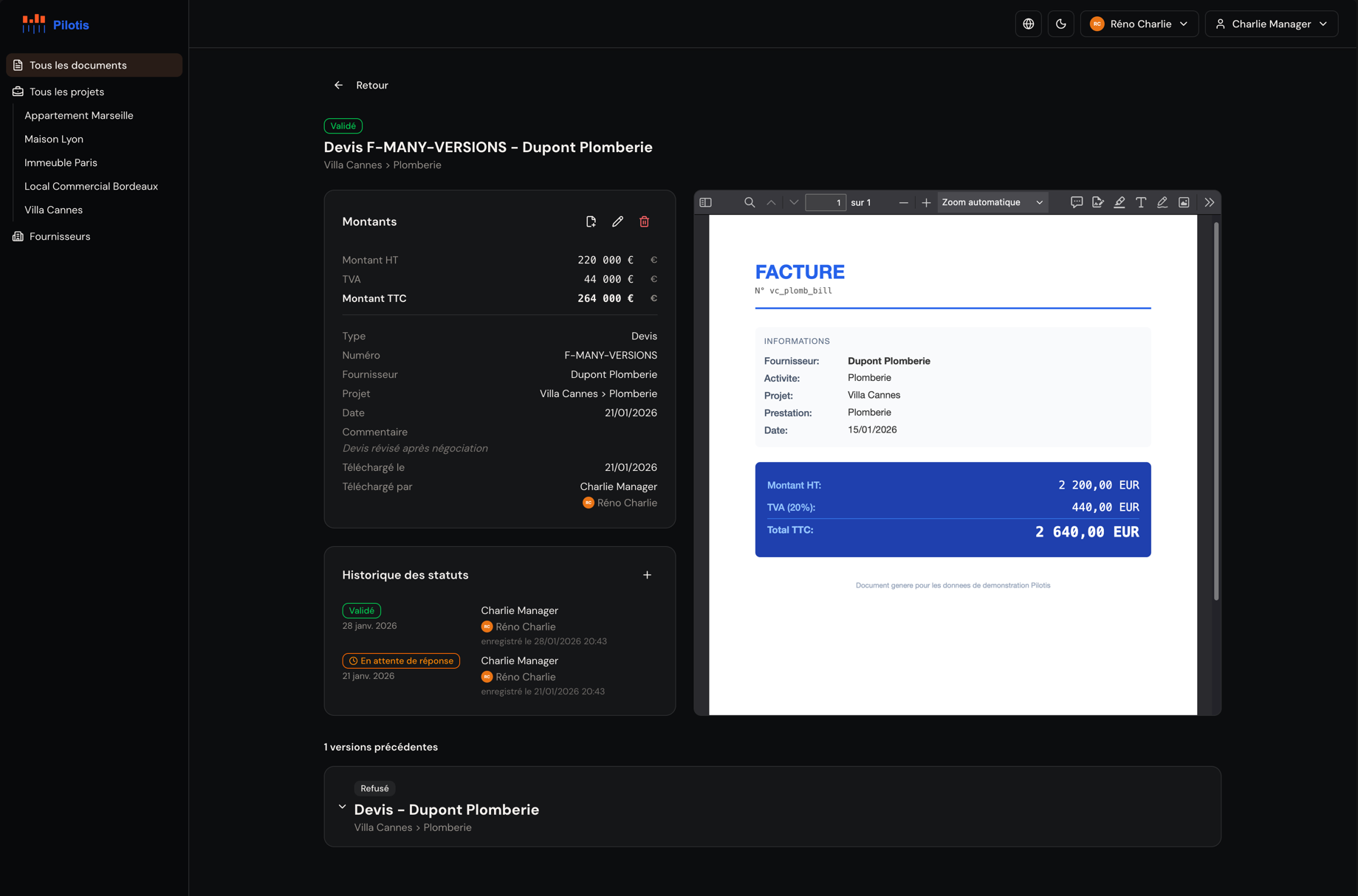 Détail d'un document — historique des statuts et versions précédentes