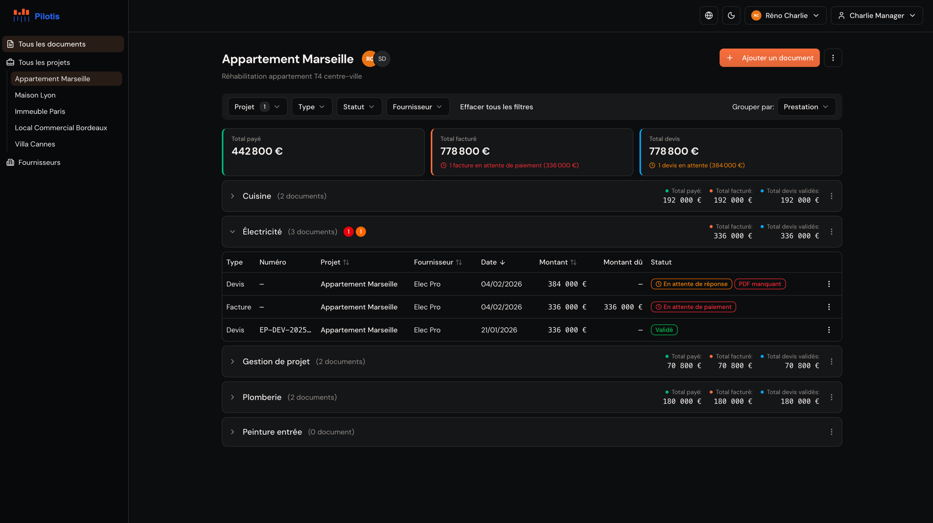 Interface Pilotis — vue des documents groupés par prestation avec suivi financier