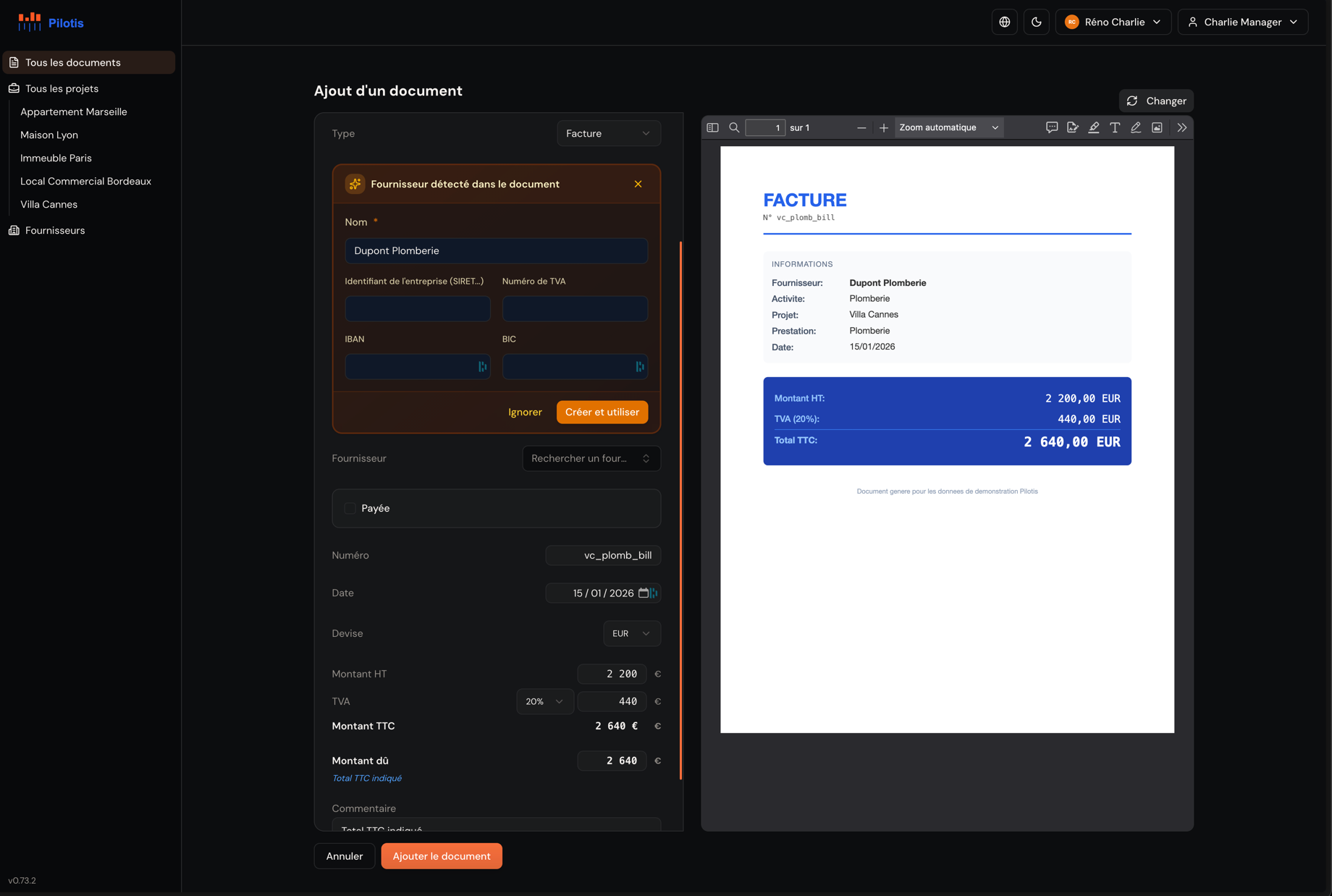 Analyse terminée — prestataire détecté et montants extraits automatiquement